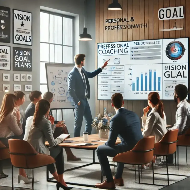 A professional coaching session scene with a diverse group of individuals engaging with a coach in a modern office setting.